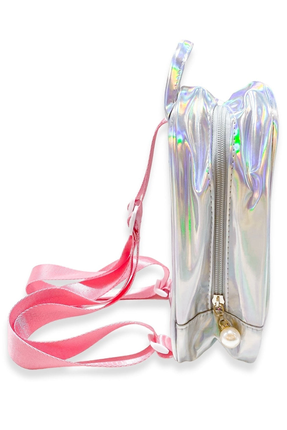 Iridescent clear backpack with side zipper, pink crossbody strap, and top handle
