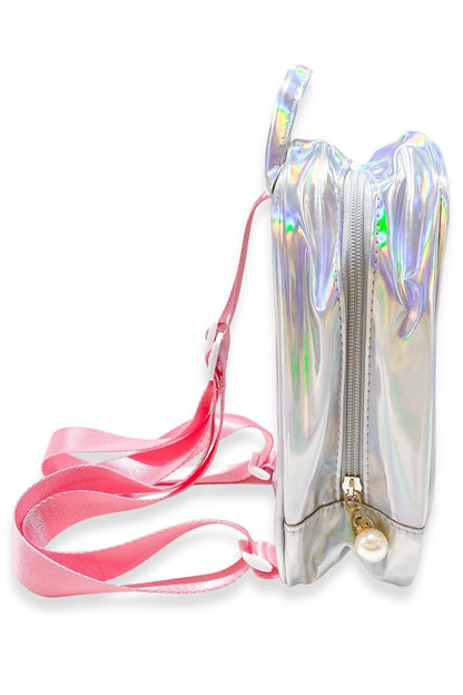 Iridescent clear backpack with side zipper, pink crossbody strap, and top handle