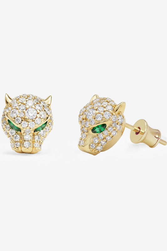Jaguar pave stud earrings, gold-tone with green eyes and clear stones