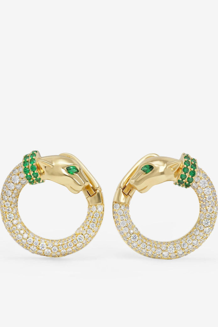Gold-tone hoop earrings with clear pavé stones and green gem accent clusters.