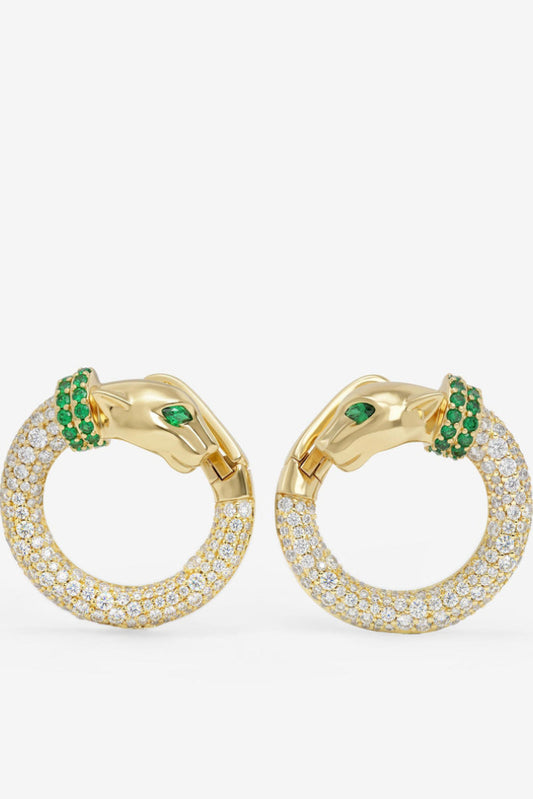 Gold-tone hoop earrings with clear pavé stones and green gem accent clusters.