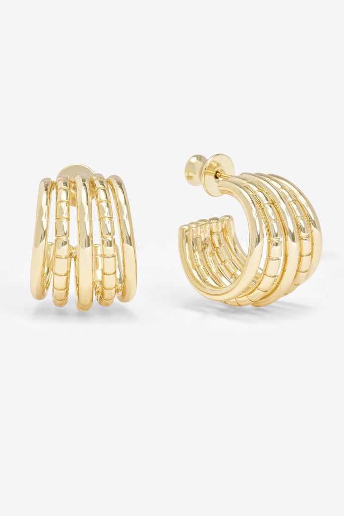 Gold 5-row hoop earrings, angled pair view.