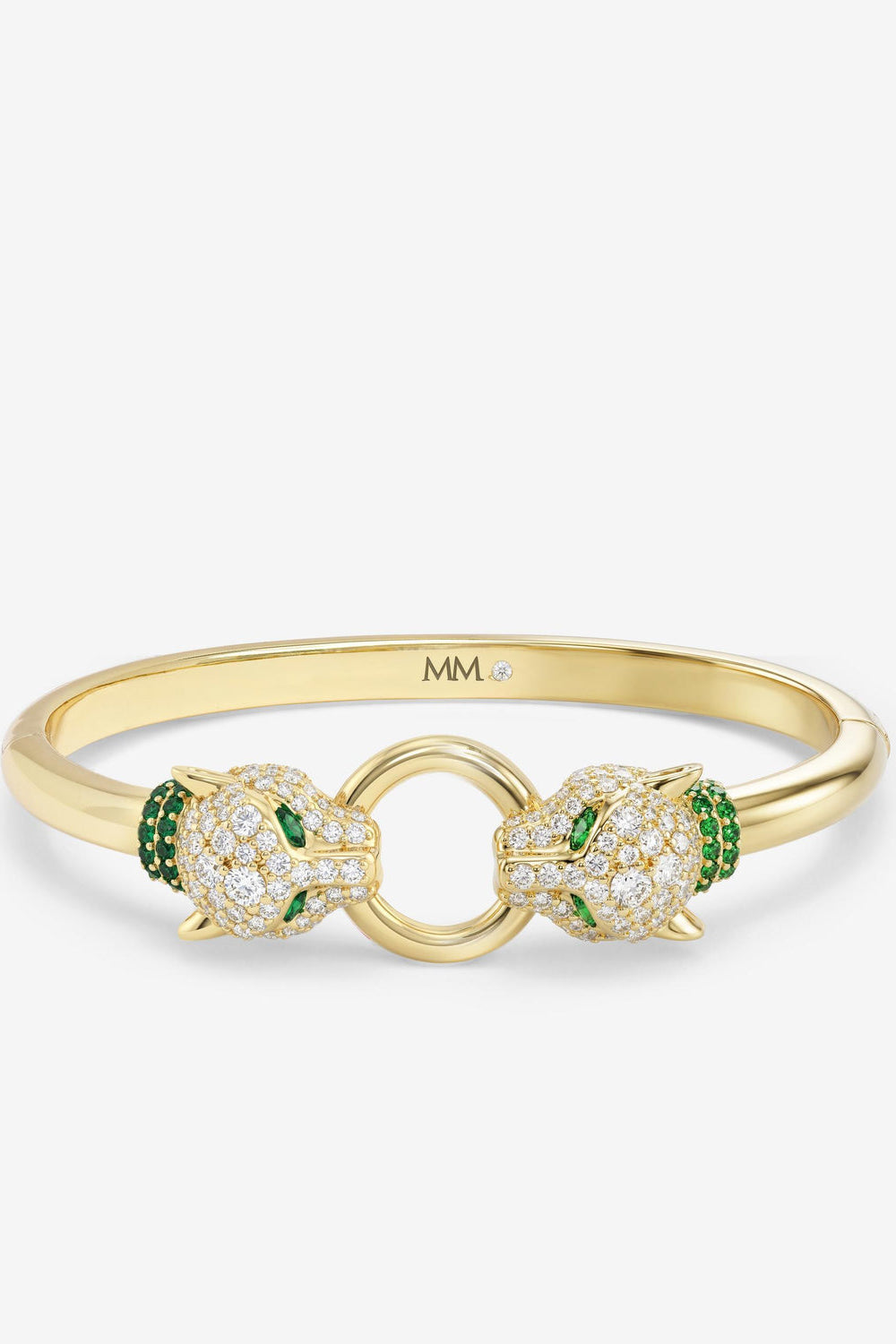 Gold cuff bracelet with clear pavé crystals and green stone accents, linked double loop