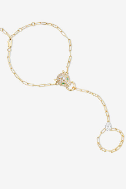 Gold-tone hand chain bracelet with pavé heart clasp and circular ring charms