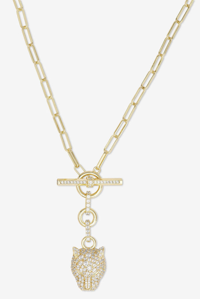 Gold tone chain necklace with bar clasp and dangling jaguar head charm