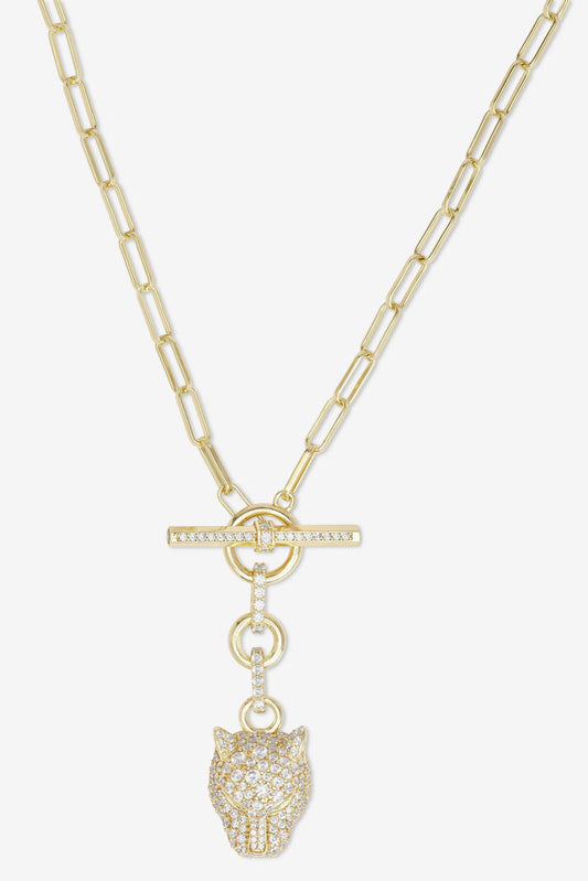 Gold tone chain necklace with bar clasp and dangling jaguar head charm