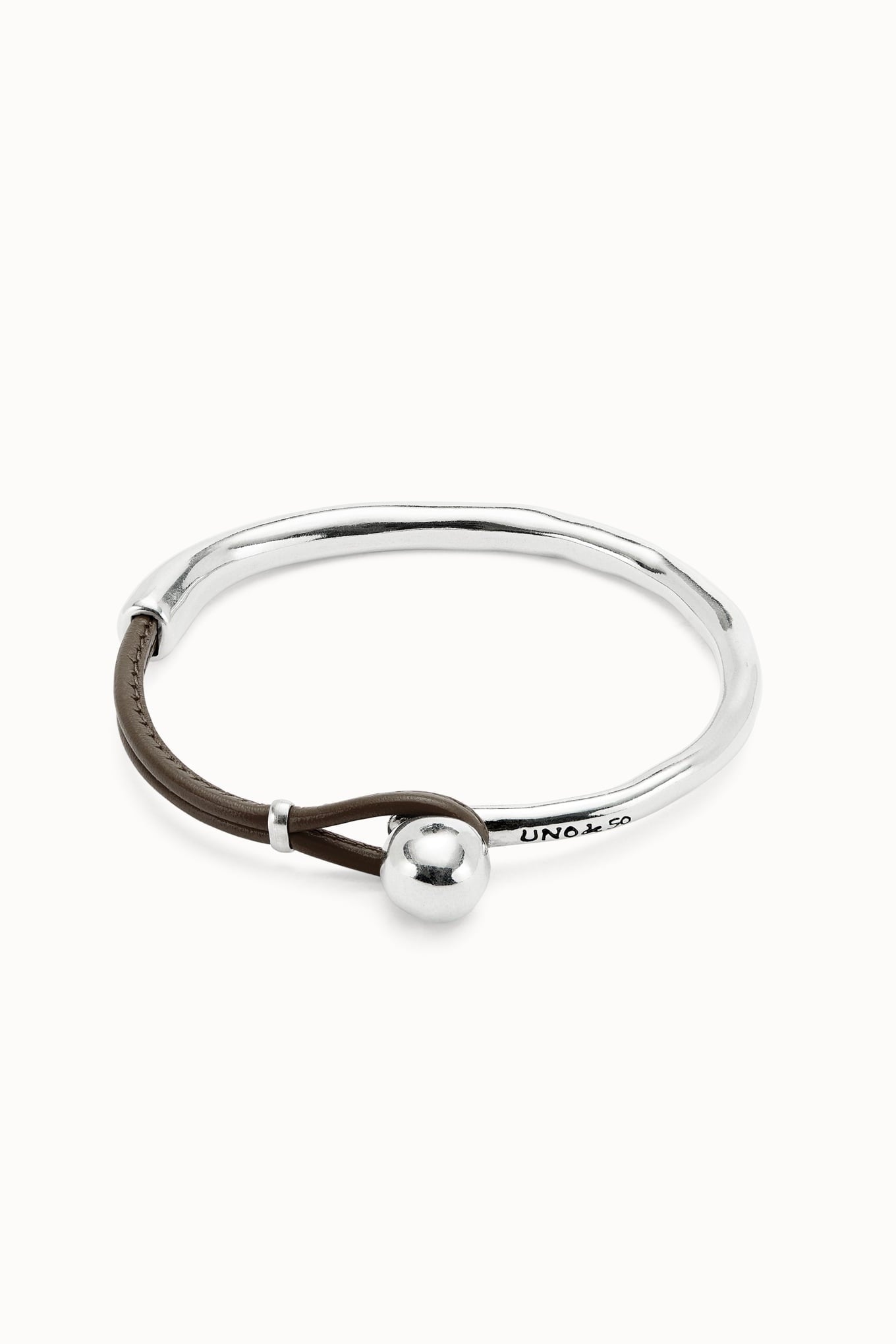 SER Intrepida bracelet, silver bangle with dark leather tie and spherical charm