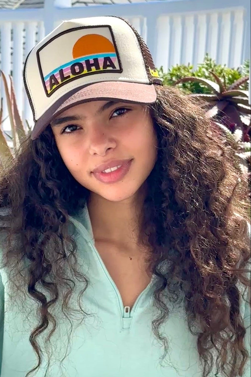 Aloha trucker hat with cream front, dark brown brim, ALOHA patch