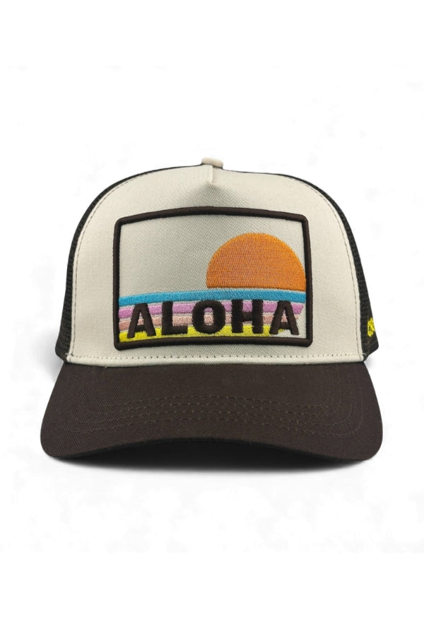 Aloha trucker hat front panel with ALOHA logo, orange sun and rainbow stripes