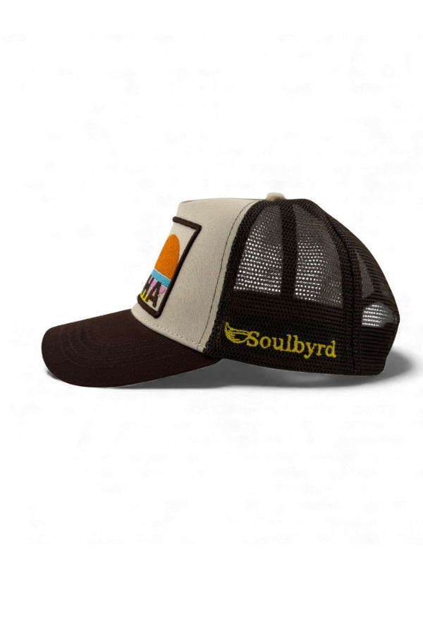Aloha trucker hat with brown mesh back and Soulybyrd script on the side