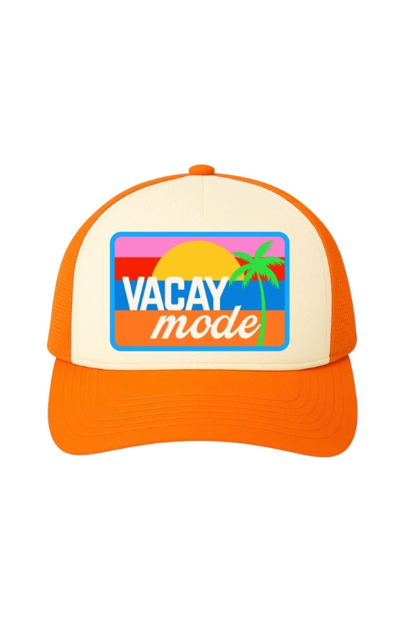 Orange and beige cap with 'Vacay Mode' graphic on a white background