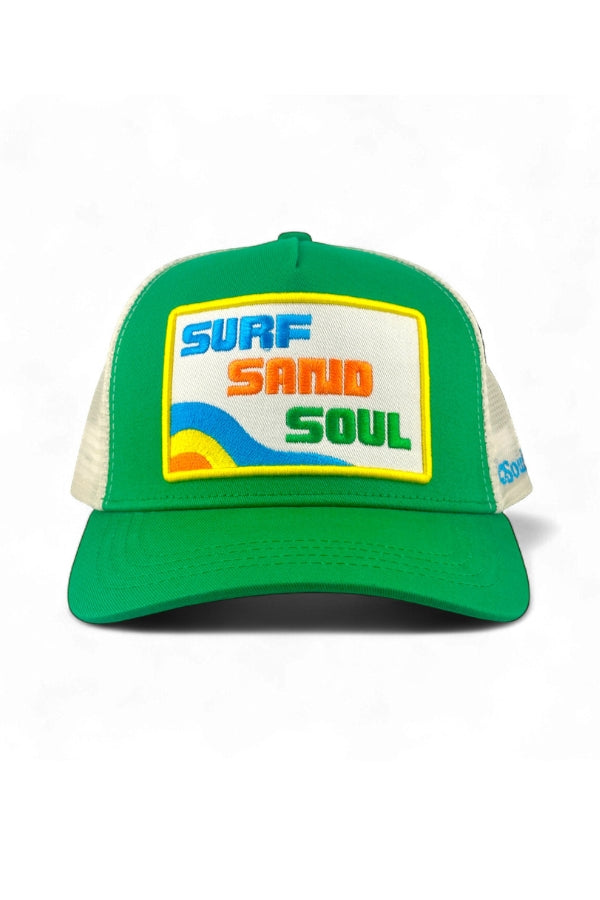 Green cap with colorful 'surf, sand, soul' text and logo on a white background