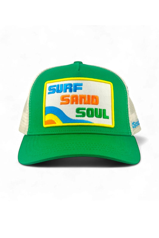 Green trucker cap with Surf Sand Soul patch logo