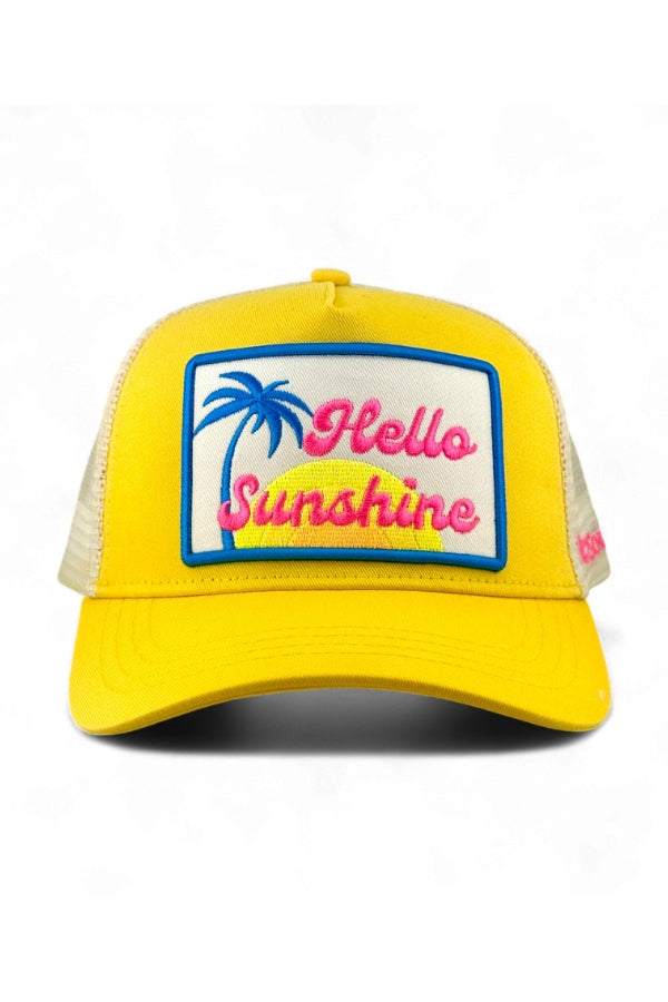 Yellow cap with 'Hello Sunshine' patch featuring palm trees on a white background