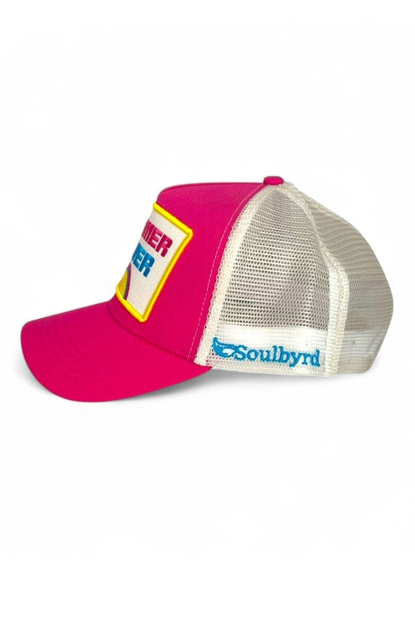 Pink and beige cap with a logo on a white background