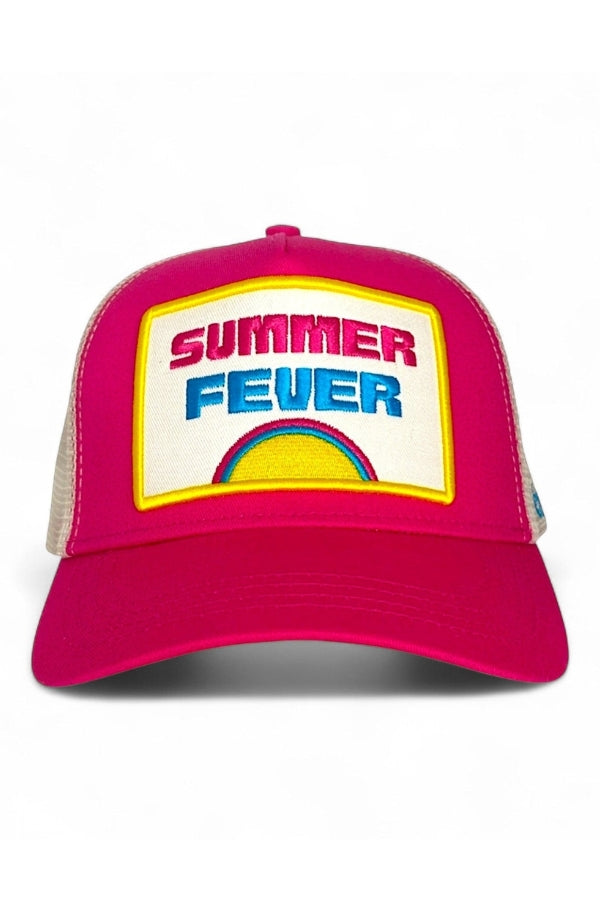 Pink trucker hat with 'Summer Fever' text on a white background