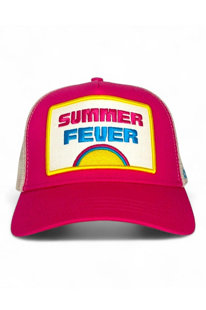 Pink trucker hat with 'Summer Fever' text on a white background