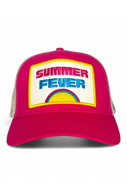 Pink trucker cap with 'SUMMER FEVER' front patch and rainbow graphic