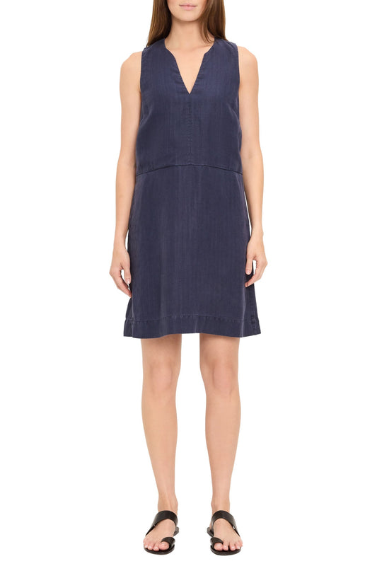 Sleeveless dark navy shift dress with V notch neckline and straight above-knee hem