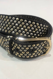 Black leather belt with silver studs on a white background