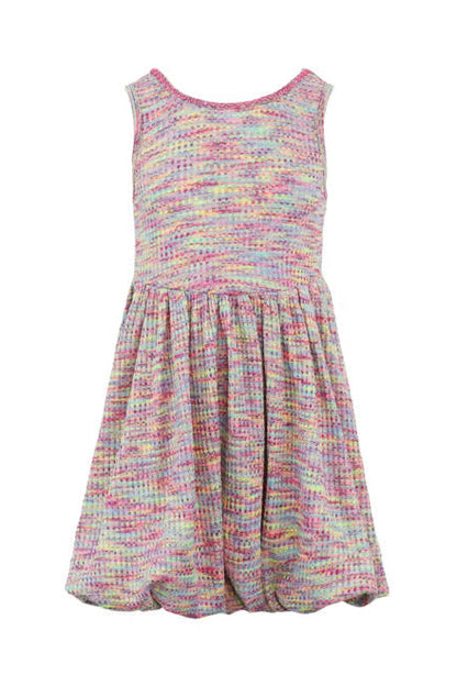 Pink multicolor sleeveless bubble dress with pleated skirt and round neckline
