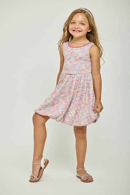 Pink multicolor sleeveless bubble dress with gathered skirt and round neckline