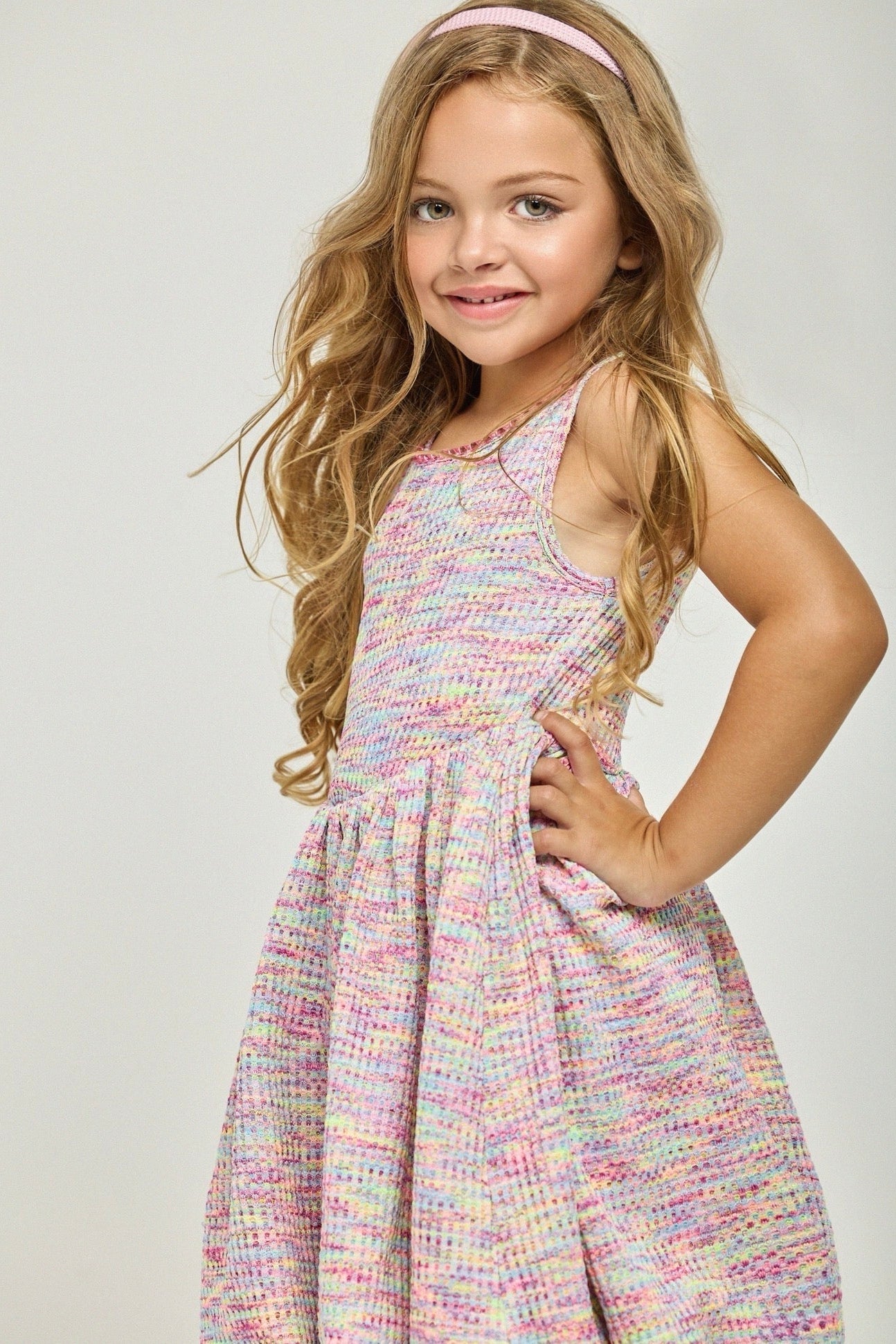 Pink multicolor sleeveless bubble dress with gathered waist and scoop round neckline