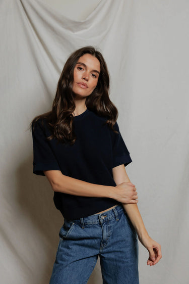 Women's navy fleece short-sleeve crewneck top, relaxed fit