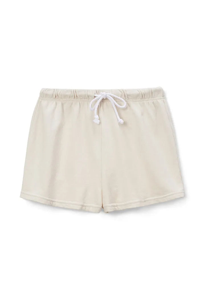 Cream fleece shorts with elastic waist and white drawstring