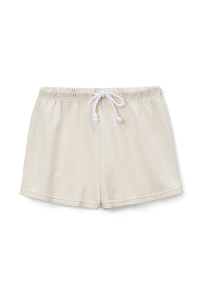 Cream fleece shorts with elastic waist and white drawstring