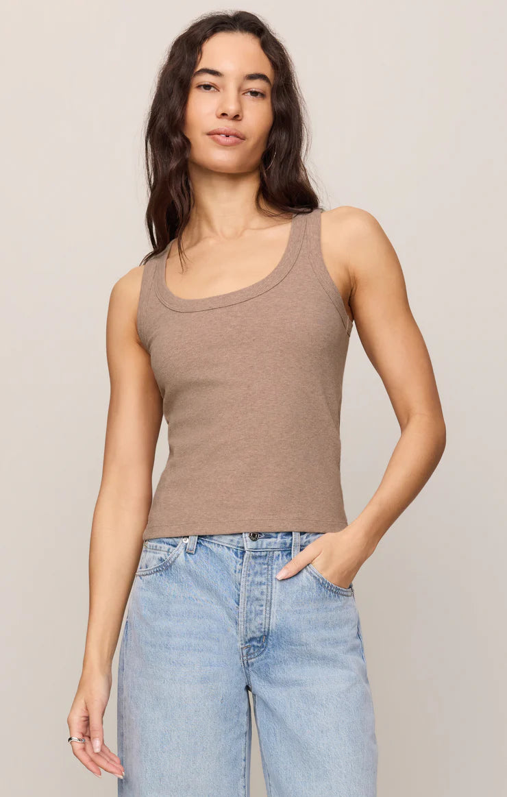 Heather gray scoop-neck sleeveless tank top with ribbed neckline