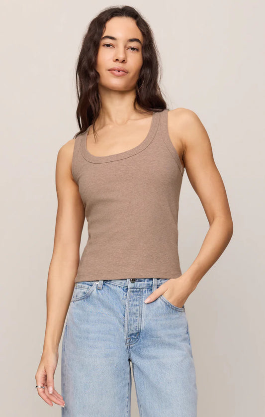 Heather gray scoop-neck sleeveless tank top with ribbed neckline
