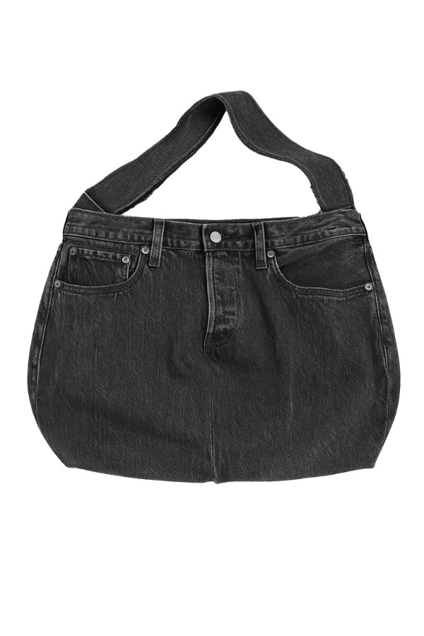 Black denim bag on a white background