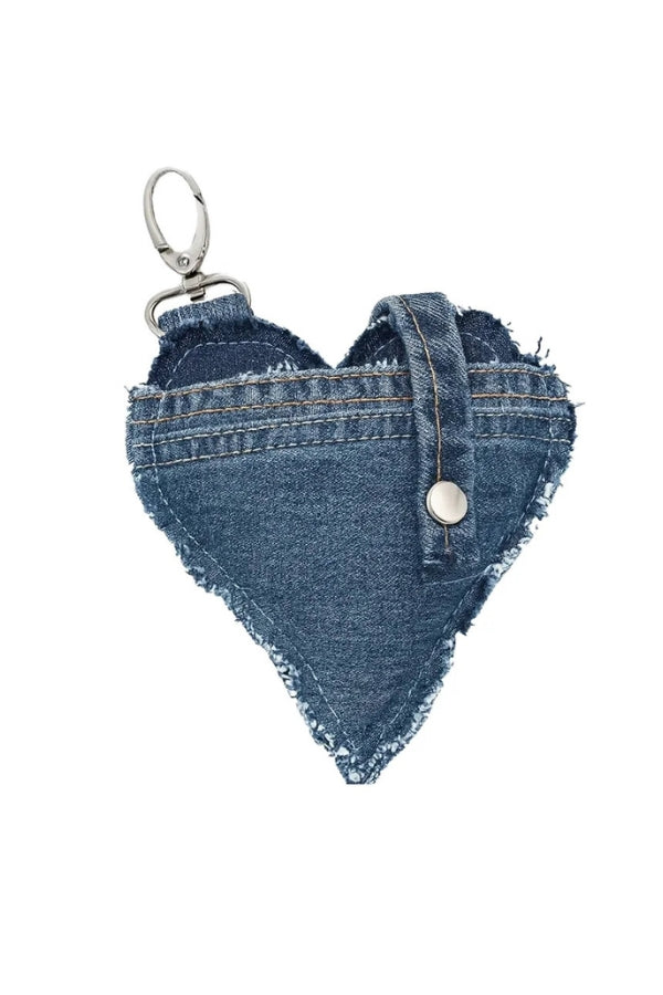 Heart-shaped denim keychain on a white background