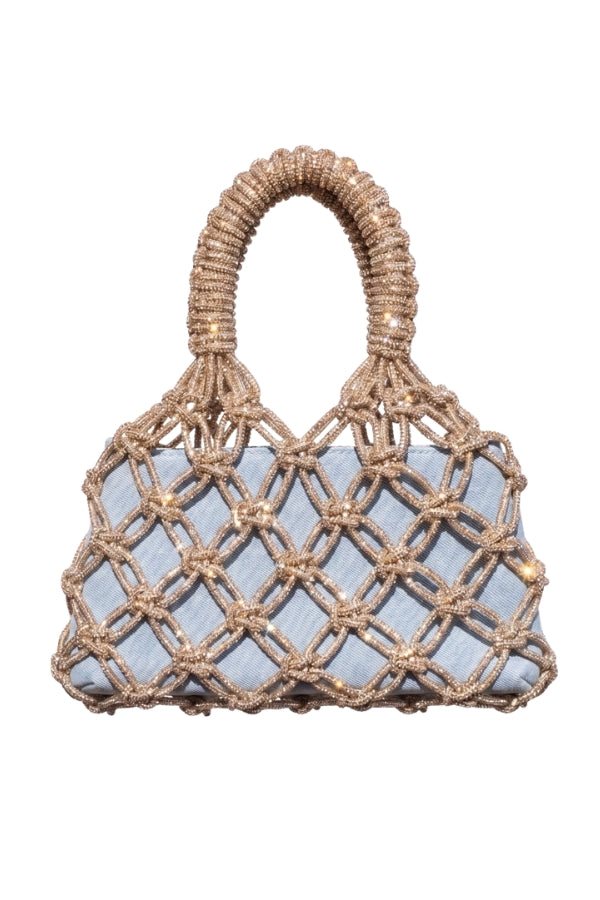 Woven handbag with a light denim blue fabric interior on a white background