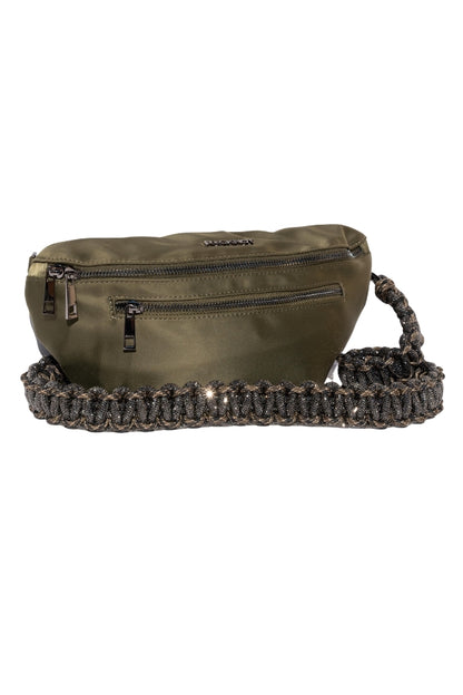 Olive waist bag with two zippers and braided edge chain strap, gunmetal details