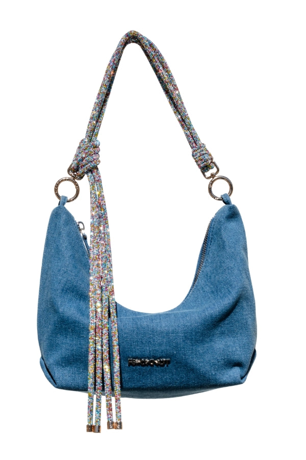 Blue denim handbag with a colorful crystal strap on a white background