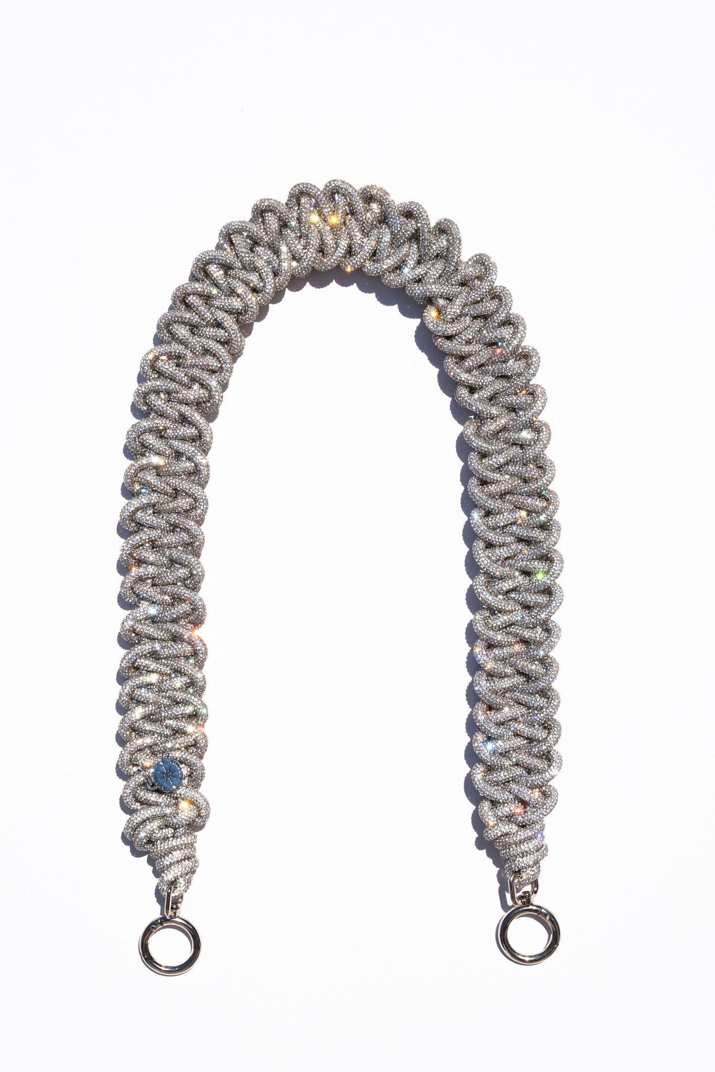 Rocknot Crystal Lace braided purse strap with metal hooks on a white background