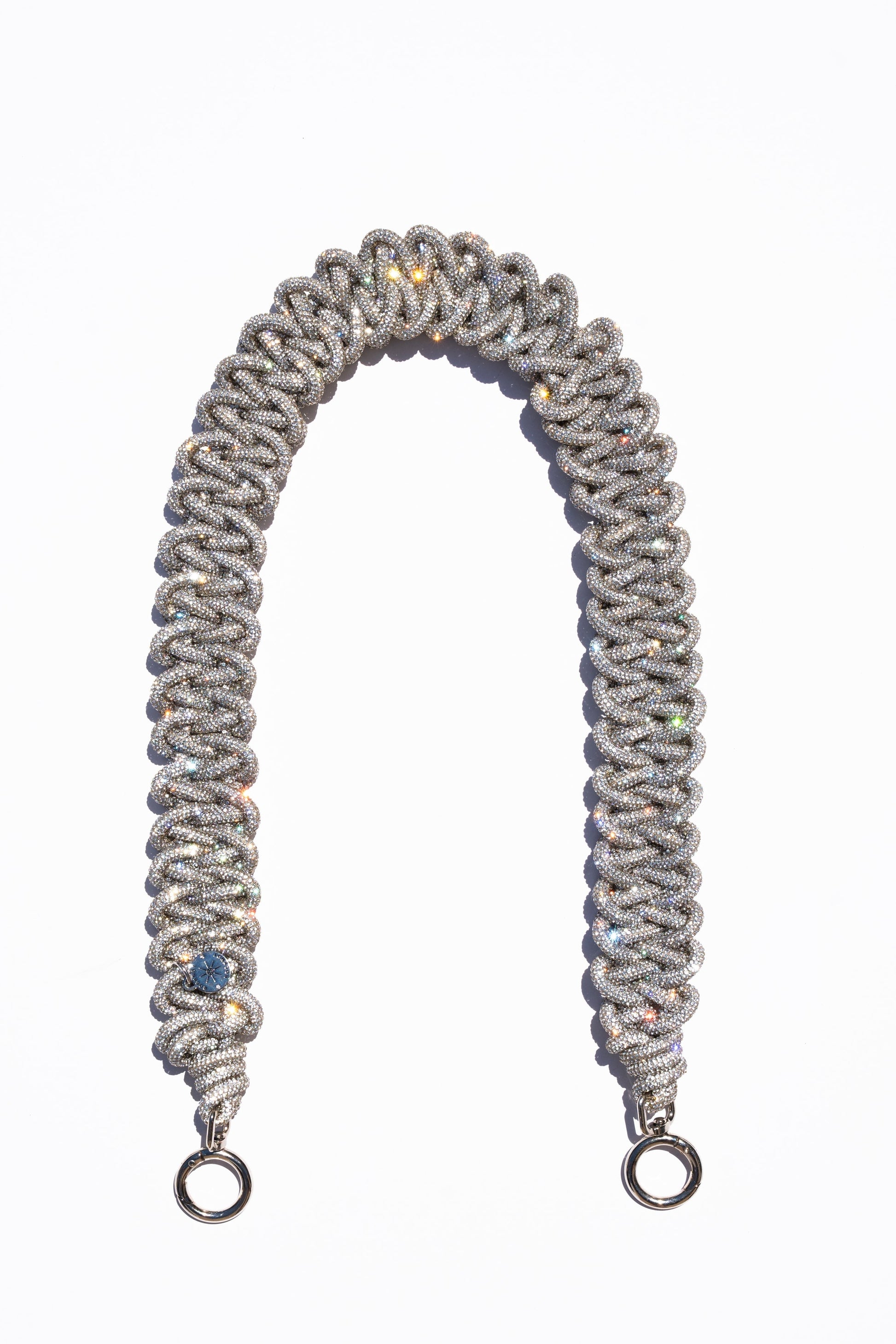 Rocknot Crystal Lace braided purse strap with metal hooks on a white background