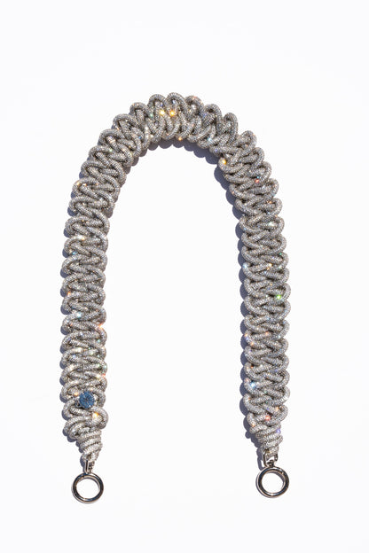 Rocknot Crystal Lace braided purse strap with metal hooks on a white background