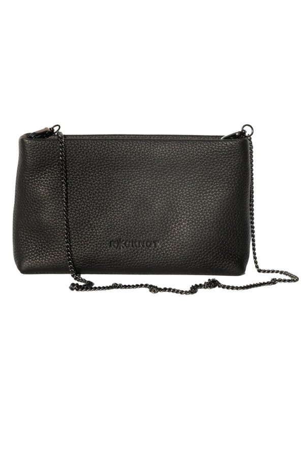 Black leather handbag with chain detail on a white background