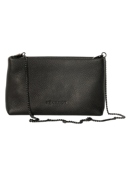 Black leather handbag with chain detail on a white background