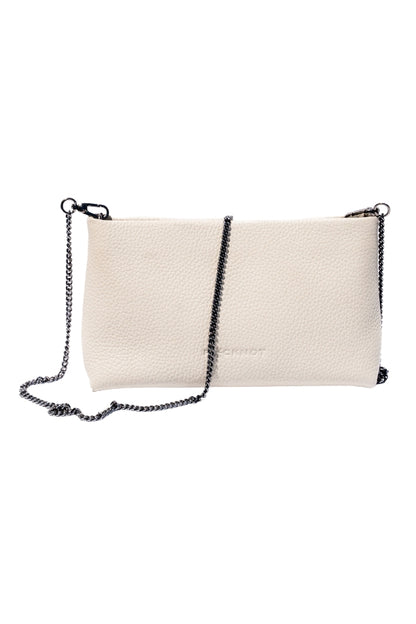 Beige clutch bag with black chain strap on a white background