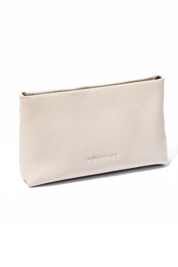 Beige pouch with a brand logo on a white background