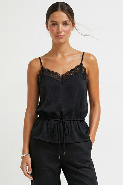 Lace-trim cami with drawstring waist and spaghetti straps, black