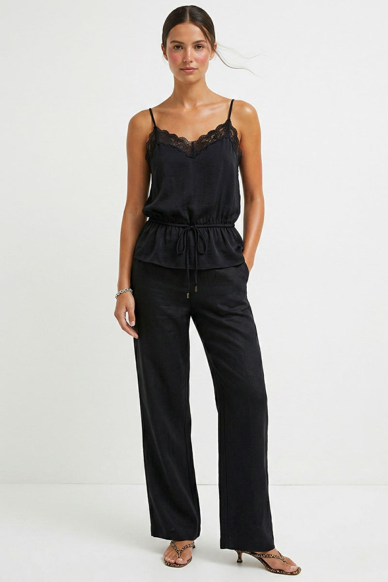 Lace-trim cami with drawstring waist and spaghetti straps, black
