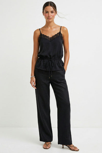 Lace-trim cami with drawstring waist and spaghetti straps, black