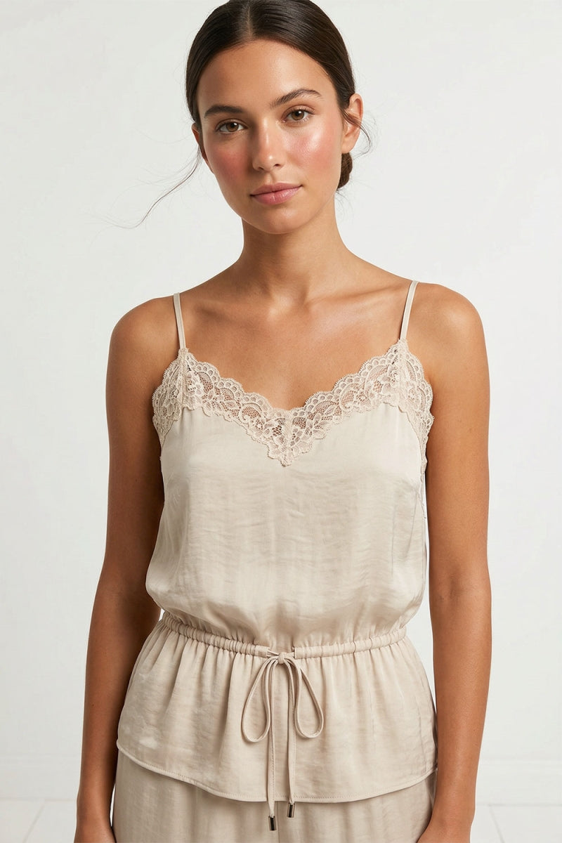 Lace-trim cami with drawstring waist and spaghetti straps, light papyrus