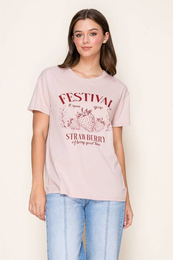 Light pink crew-neck tee with red festival & strawberry print