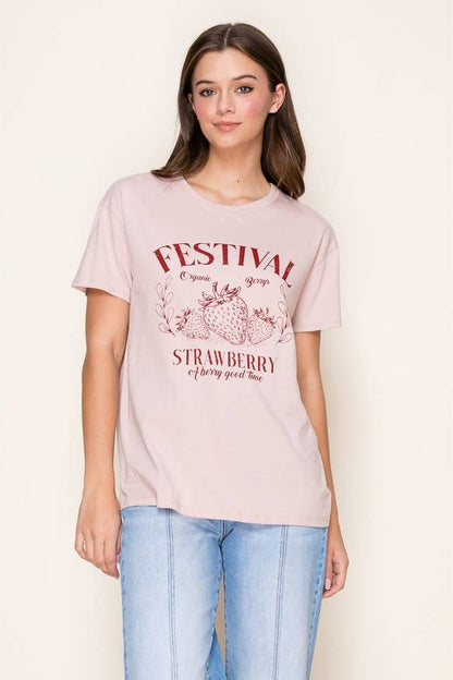 Light pink crew-neck tee with red festival & strawberry print